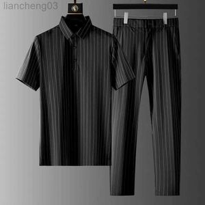 Men's Tracksuits Summer Thin Men's Set Casual Stripe Turndown Collar Short Sleeve T-Shirt Elastic Waist Ankle Length Pants Two Piece Suit W0329