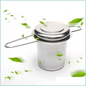 TEA INFUSERS Folding Double Handtag Infuser med locket rostfritt stål Fint mesh kaffefilter tekanna kopp hängande lös bladfilter dhz5k