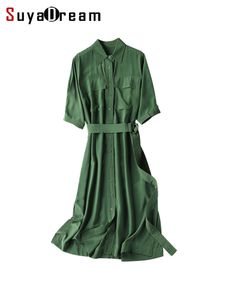 Casual Dresses SuyaDream Woman Office Lady 100%Real Silk Summer Chic Long Dress Sashes Chest Pockets Shirt Dresses Green 230329