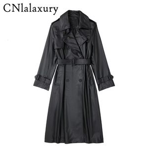 Kvinnors trenchockar Cnlalaxury Autumn Woman Casual Black Faux Leather DoubleBreasted långa ärmar Midlengthtrench Pocket Belt Top 230329