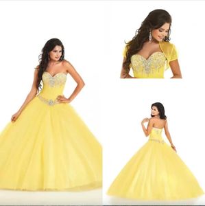 Sexy Sweetheart Beaded Crystal Yellow Organza Sweet 16 Quinceanera Dresses Crystal Ball Gown Party Prom Gowns
