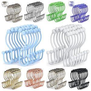 Shower Curtain Hooks 12 Piece Shower Curtain Rings Stainless Steel Roller Anti-Rust Anti-Drop Double Hooks For Curtains Bathroom (Black)