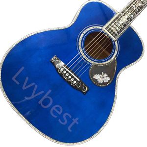 LvyBest Custom 45 OM Water Wave Top Acoustic Electric Guitar Anpassad pickguard Full Abalone Binding 45om Style in Blue