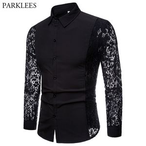 Męskie koszule czarne koronkowe koszula Mężczyźni jesienne szczupłe dopasowanie długiego rękawu sukienka Mens Shirts Nightclub Prom Małżeństwo Koszulka Camisas Masculina xxl 230329