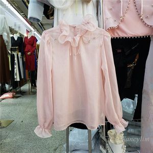 Women's Blouses 2023 Spring Pink Shirt Women's Top Shiny Ruffled Collar Beaded Chain Tassel Long Sleeve And Tops Femme
