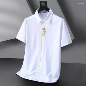 Camisa Polo Masculina Plus Size Bordada de Manga Curta Preto Branco Respirável Estilo Chinês Retro Roupas Masculinas
