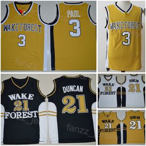 Wake Forest Demon Deacons Jersey College Basketball Chris Paul 3 Tim Duncan 21 University 셔츠 모든 스티치 팀 컬러 스포츠 팬 Mens NCAA를위한 검은 흰색 노란색