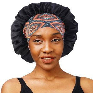Nytt afrikansk designbrett band Satin Bonnet Night Sleep Cap Solid färg för kvinnor Curly Braid Hair Care Styling Accessoarer