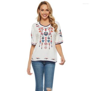 Damenblusen Le Luz Baumwolle Boho Blumenstickerei Mexikanischer Frühling Kurzarm Shirt Damen Lace Tie Up 3xl Ethnic 2023