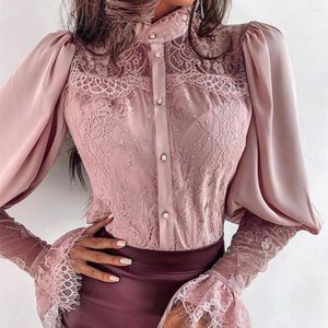 Kvinnors blusar 2023 Petal Sleeve Stand Collar Women Blus Vintage Lace Sparked Long Pink Button Up Woman Shirt Topps Ladies Top