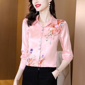 Damskie bluzki elegancka koszula z długim rękawem swobodny bluzka sprężyna luźna luźna odzież moda jedwabna różowa nieregularna kwiatowa bluzka bluzy