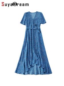 Casual Dresses SuyaDream Woman Floral Long Dress 100%Real Silk V Neck A-Line Sashes Beach Style Blue Maxi Dresses Summer Holiday Clothes 230329