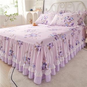 Flower Printed Bed Skirt 100% Cotton Bedspread Queen King Size High End Ruffle Princess Home Lace Mattress Cover Sheet Bedding Set: 1 Bedskirt with 2 Pillowcases