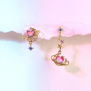 Brincos de garanhão inspirador de coração de lua assimétrica para mulheres fofas de jóias estéticas de moda rosa banhadas a ouro