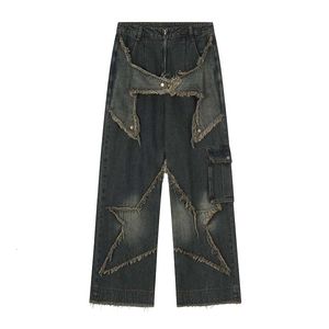 Pants Men's Hi Street Ripped Vintage Wide Leg Jeans Trousers Star Pattern Streetwear Straight Denim for Male Loose 230328 wear