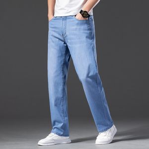 Jeans masculinos Jeans retos masculinos calças soltas de verão azul liso de perna reta se encaixar no machado santage grande tamanho 44 calças de jeans de negócios 230329