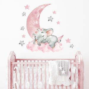 Wall Stickers Cartoon Pink Baby Elephant Wall Stickers Air Balloon Wall Decals Baby Nursery Decorative Stickers Moon and Stars for Girl 230329