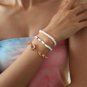 Strand Vintage Boho Fashion 2023 Multilevel Geometric Bead Faux Pearl Set Armband For Women Gold Color Metal Thick Chain Jewelry