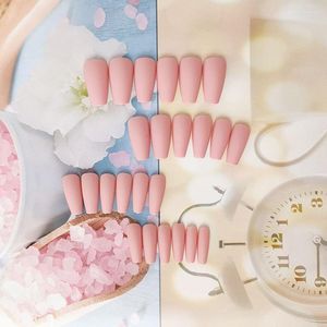 Falsche Nägel 2023 24 Stück Frosting Matte Bare Pink Long Paragraph Coffin Nail Piece Art Tip Stick On Accesoires