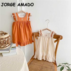 Flickas klänningar koreansk stil sommarklänning för baby flicka flare ärmar beige orange fyrkantig krage knälängd prinsessklänning barnkläder e3100 p230327
