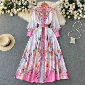 Casual Dresses Banulin Spring Fashion Runway Dress Women Stand Collar Long Sleeve Floral Print Maxi Pleated Vestidos Casual Holiday Robes Pink 230329