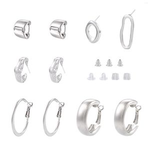 Hoop Earrings 10Pcs Silver Color Alloy Oval Flat Round Geometric Asymmetrical Stud For Women Girls Fashion Jewelry Gift