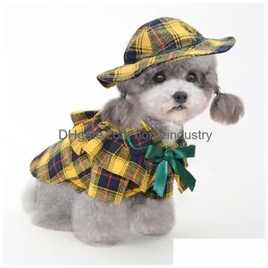 Dog Apparel Cat Clothing British Style Little Girl Autumn And Winter Pet Shirt Cape Plaid Drop Delivery Home Garden Supplies Dheqt