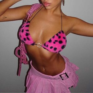 Kvinntankar Camis Kvinnor Pink Patchwork Ring Camisole Bra Sexig Furry Lace-Up Crop Tops Elastic Female New Beach Streetwear Tanks P230328