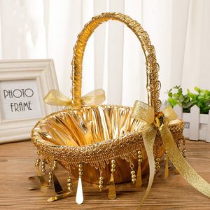 Other Event Party Supplies Gold Flower Girl Basket with Satin Ribbon Bow Decor Wedding Ceremony Anniversary Gelübde Real Party Favor 230329