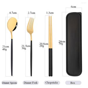 Dinnerware Sets Black Gold Set Portable Travel 3Pcs Chopsticks Fork Spoon Cutlery With Box Kitchen Accessories Silverware