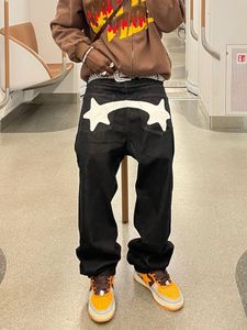 Męskie dżinsy Y2K Printed Stars Dark Black Hip Hop Street Fall Fashion Retro Design Casual Low talle luźne proste 230329