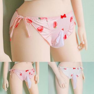 Underpants Men Pink Low Waist Strawberry Print Sissy Gay Pouch Panties Cute Lace Up Thong Briefs Bikini Male's Underwear