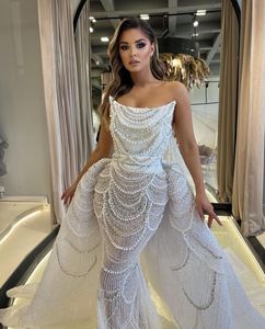 Exquisite Mermaid Wedding Dresses Sleeveless Bateau Beaded Sequins Appliques Lace Pearls Detachable Train Hollow Bridal Gowns Plus Size Vestido de novia Custom