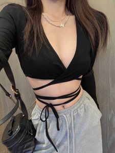 Women's Tanks Camis Women Crop Top Summer Long Sleeve Corset Y2k Tops Korean Tanktop Navel Tie Thin Black T-Shirt Ladies Boho Gothic Sexy Clothes P230328