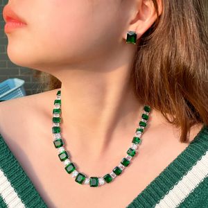 Trendy Lab Emerald Diamond Jewelry set 14K Gold Wedding Chocker Necklace Earrings For Women Bridal sets Engagement Jewelry