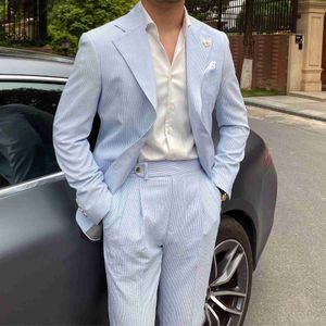 Men's Tracksuits 2022 Summer Thin Men Leisure Blue Striped Seersucker Suit British Gentry Suit Men Suit Business Tuxedos Slim Fit Groom Men Suit W0329
