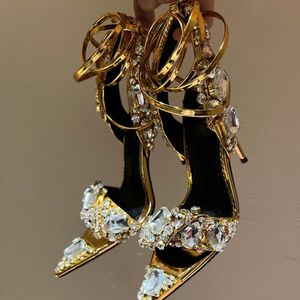 Kvinnor klädskor Metallisk kristall utsmyckad fotled-slips sandaler stilett klackar fest kvällskor öppen tå kalv spegel läder lyxiga designers fabriksskor