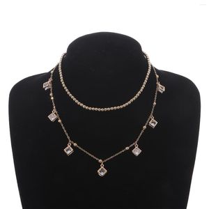 Pendant Necklaces Double Layer Square Crystal Necklace For Women Exquisite Personality Simple Round Beads Clavicle Choker Jewelry