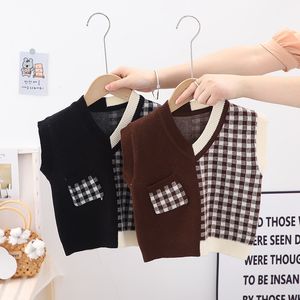 Gilet Colorblock Plaid Maglione Canotta Boy Girl Toddler Kid Baby Primavera Autunno Maglione Scollo a V Maglia Top Autunno Moda Gilet Maglieria Abbigliamento 230329