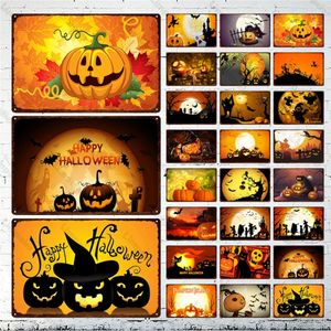 Happy Halloween Metal Painting Plaque Retro Art Poster Black Cat Pumpkin Lantern Castle Sign for Club Home Decoration Plate 30X20cm W03