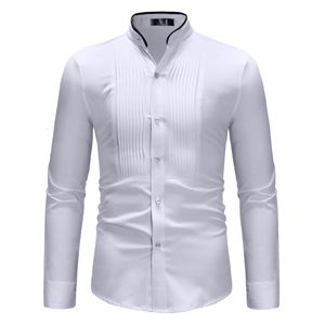 Men's Casual Shirts Mens White Mandarin Collar Dress Shirts Wedding Tuxedo Shirt Brand Slim Fit Long Sleeve Shirt Men Business Casual Chemise 230329