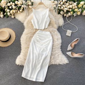 Zweiteiler Kleid Mode Frauen Zweiteiler Sommer Ärmellos Sexy Crop Tops und Midi Wickelrock Outfits Damen Elegant 2 Stück Anzüge Kleidung 230329