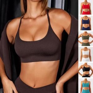 Yoga outfit Scoop Neck Halter Sports BH Ribbed Justerbar 4 sätt stretchig fitness skörd topp kvinnor atletisk löpning