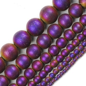 Pärlor 2-10 mm Round Matte Frost Metallic Coated Plating Purple Hematite Stone för smycken som gör läkande DIY