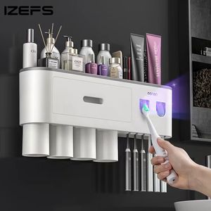 Toothbrush Holders Wall mounted toothbrush holder with 2 dental pad dispensers non perforated bathroom storage for home waterproof bathroom accessories 230329