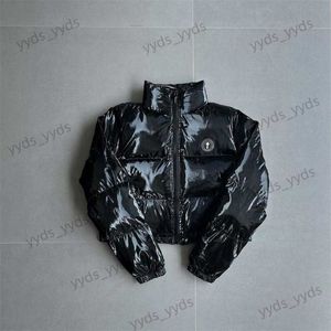 Feminino para baixo parkas trapstar preto brilhante curto pequeno rótulo vestido de algodão simples versátil inverno novo fino ajuste jaqueta t230329