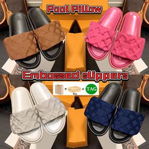 con scatola Pantofole con cuscino da piscina Comfort Ciabatte in rilievo piatte Ciabatte firmate Scarpe da donna Sandali di lusso estivi Rame stampato bianco Moda uomo Slide EUR 35-45