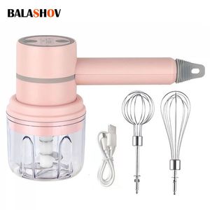 Fruit Vegetable Tools USB 2 In 1 Wireless Electric Garlic Chopper Masher Whisk Egg Beater 3Speed Control with 2 Mixing Rods Kitchen Handheld Frother 230329