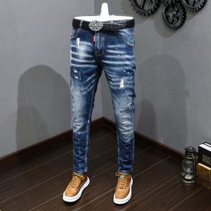 Erkek Kot Moda Tasarımcı Erkekler Kot Retro Mavi Streç ince Fit Boyalı Yırtık Kot Pen Men Kore tarzı Vintage Casual Denim Pants Hombre 230328