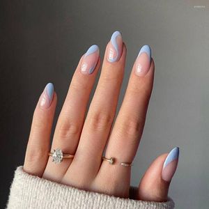 False Nails 24st Blue Wave Line Almond Wearable French Fake Full Cover Artificial Nail Tips Press On Manicure Tool